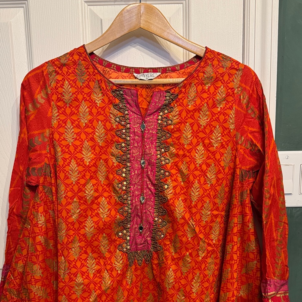Vibrant Red and Orange Patterned Kurta